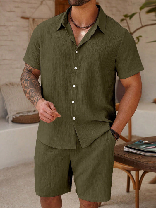 Palmeraft Plus Size Men's Solid Color Short Sleeve Shirt And Shorts Casual Set, Holiday, Formal