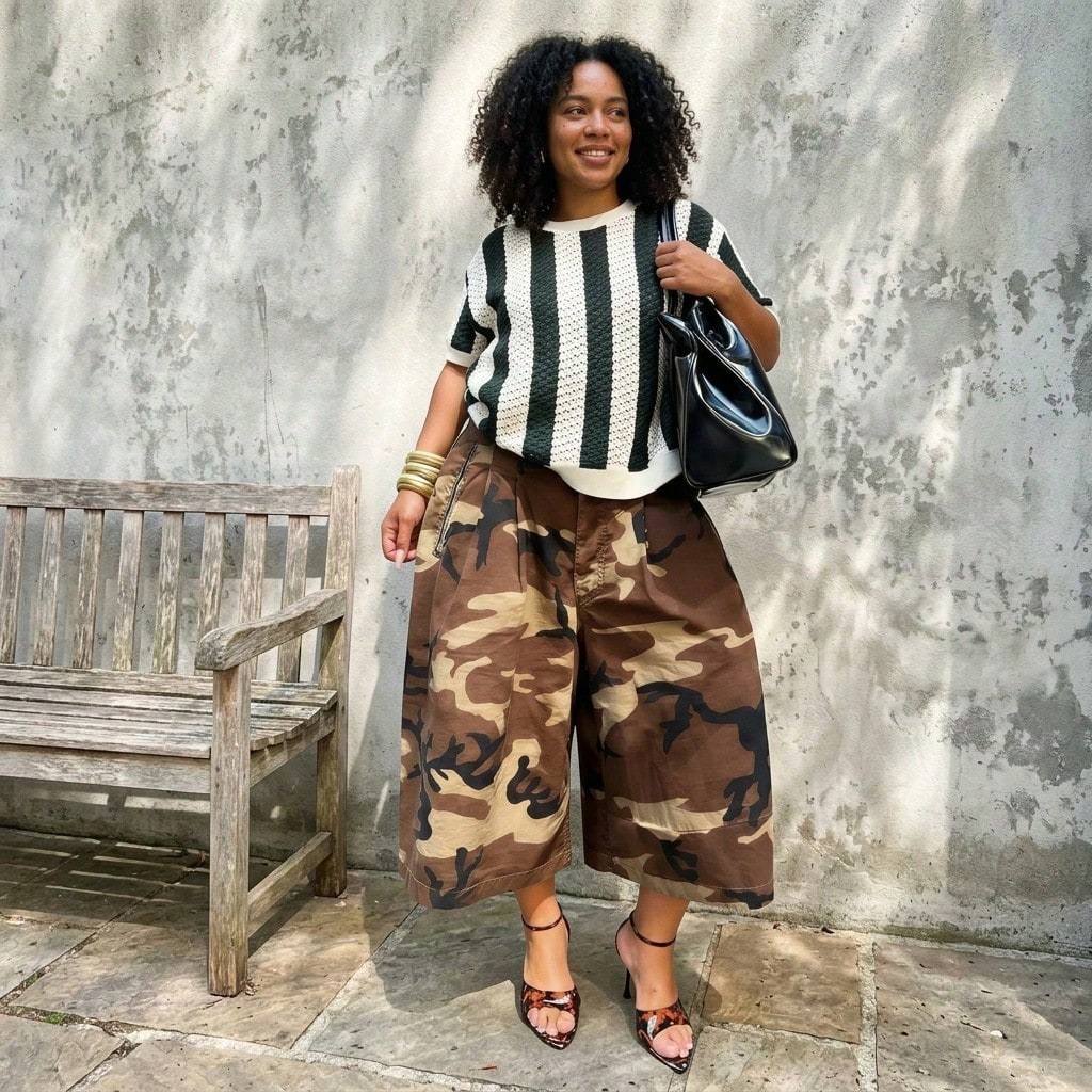 Pantalones De Mujershorts For WomenWomen's Street Style Camouflage Loose Wide Leg Cropped Pants, Casual High Waist Pleated Cargo Culottes Pants