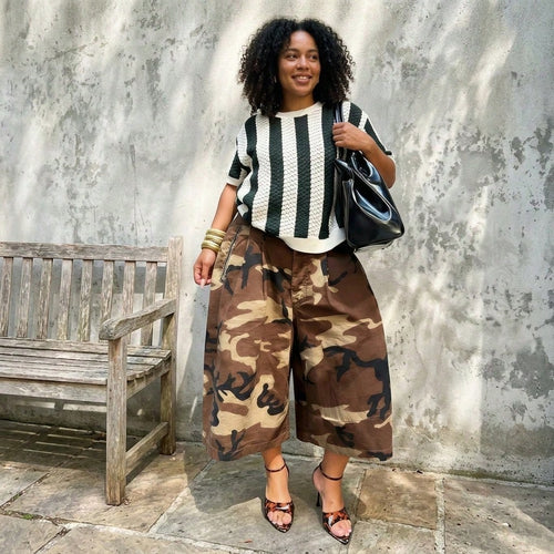 Pantalones De Mujershorts For WomenWomen's Street Style Camouflage Loose Wide Leg Cropped Pants, Casual High Waist Pleated Cargo Culottes Pants