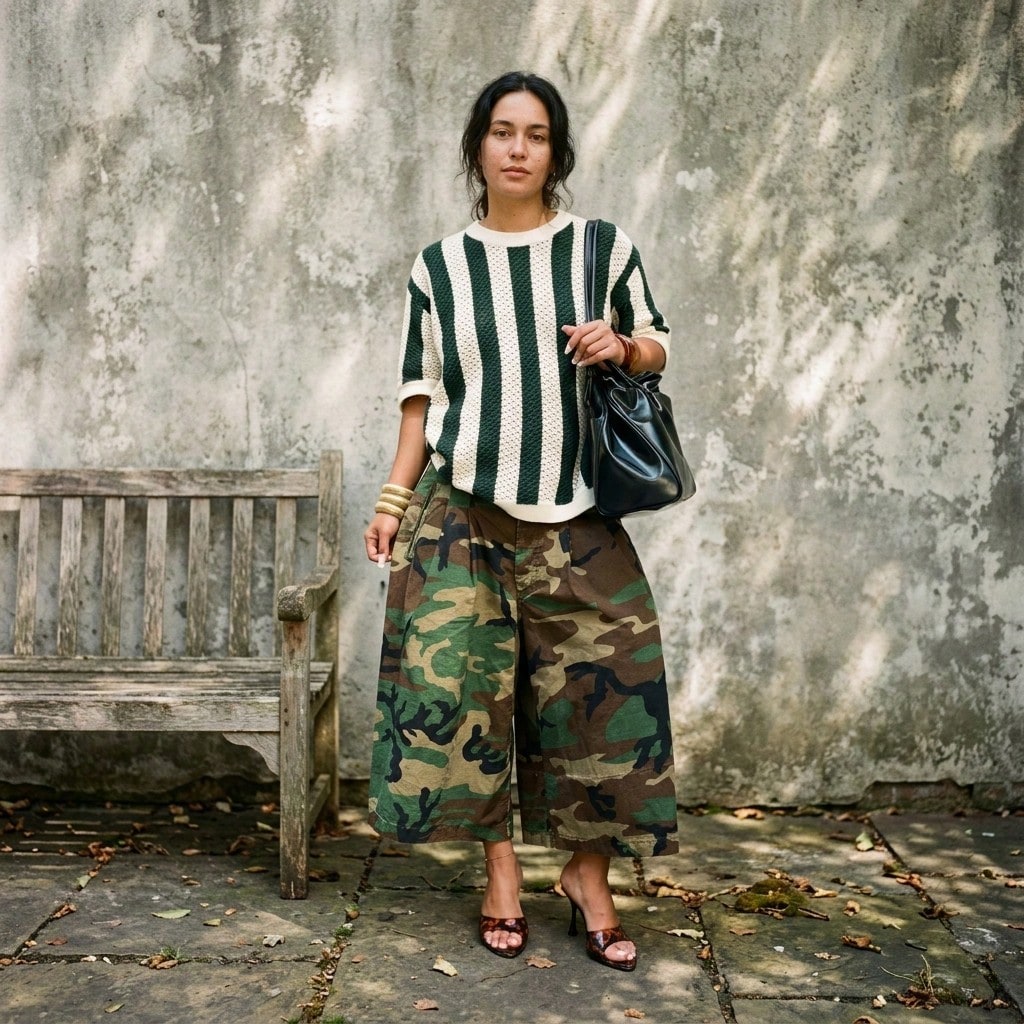 Pantalones De Mujershorts For WomenWomen's Street Style Camouflage Loose Wide Leg Cropped Pants, Casual High Waist Pleated Cargo Culottes Pants