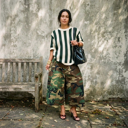 Pantalones De Mujershorts For WomenWomen's Street Style Camouflage Loose Wide Leg Cropped Pants, Casual High Waist Pleated Cargo Culottes Pants