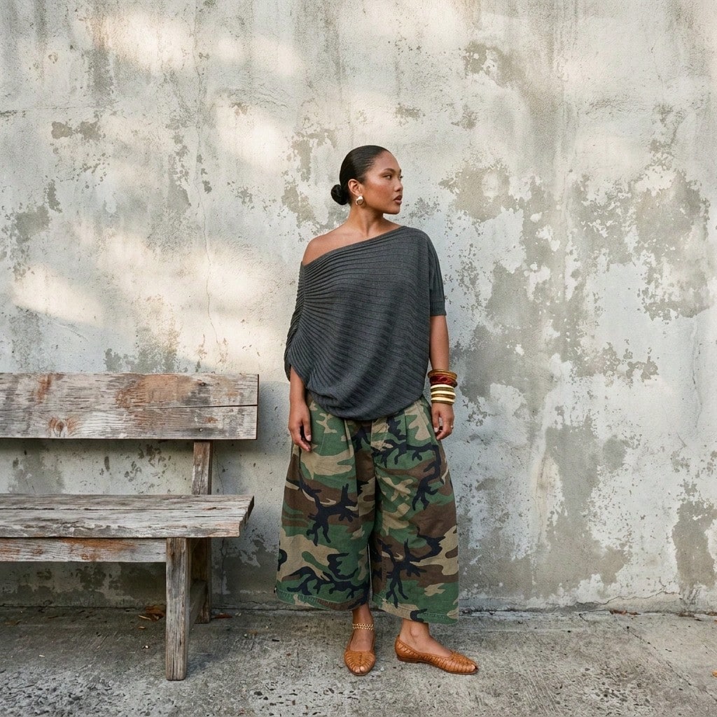 Pantalones De Mujershorts For WomenWomen's Street Style Camouflage Loose Wide Leg Cropped Pants, Casual High Waist Pleated Cargo Culottes Pants