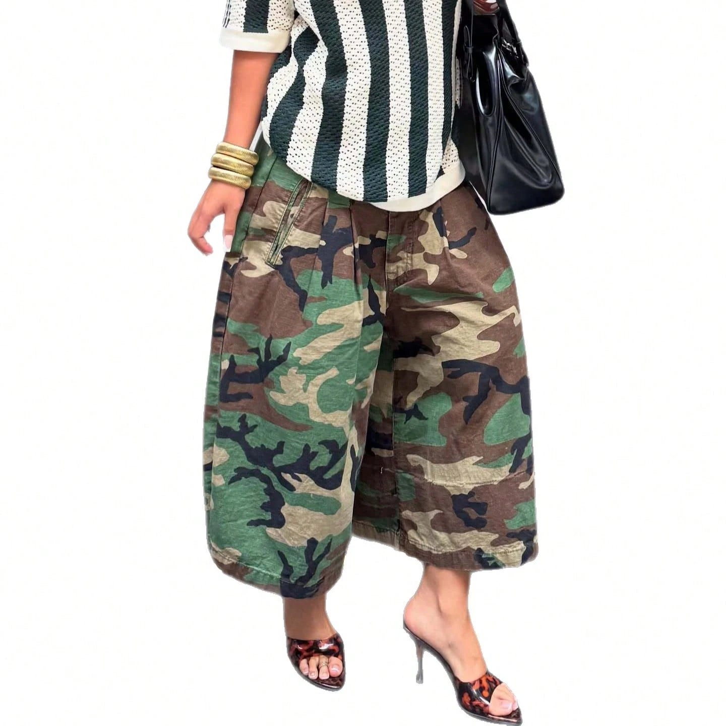 Pantalones De Mujershorts For WomenWomen's Street Style Camouflage Loose Wide Leg Cropped Pants, Casual High Waist Pleated Cargo Culottes Pants