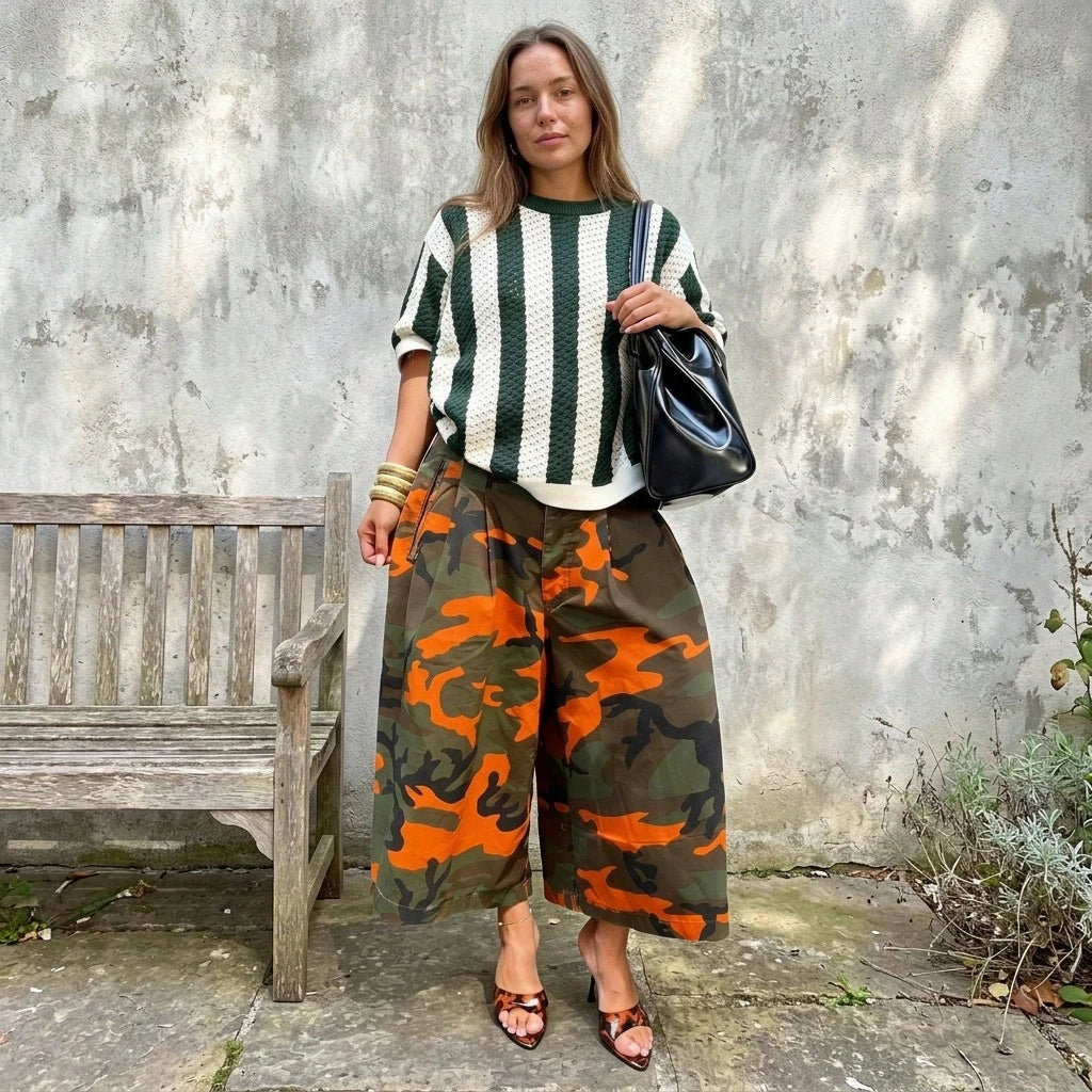 Pantalones De Mujershorts For WomenWomen's Street Style Camouflage Loose Wide Leg Cropped Pants, Casual High Waist Pleated Cargo Culottes Pants