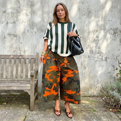 Pantalones De Mujershorts For WomenWomen's Street Style Camouflage Loose Wide Leg Cropped Pants, Casual High Waist Pleated Cargo Culottes Pants