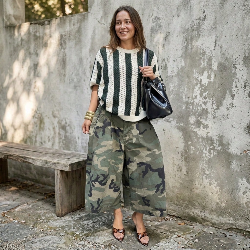 Pantalones De Mujershorts For WomenWomen's Street Style Camouflage Loose Wide Leg Cropped Pants, Casual High Waist Pleated Cargo Culottes Pants