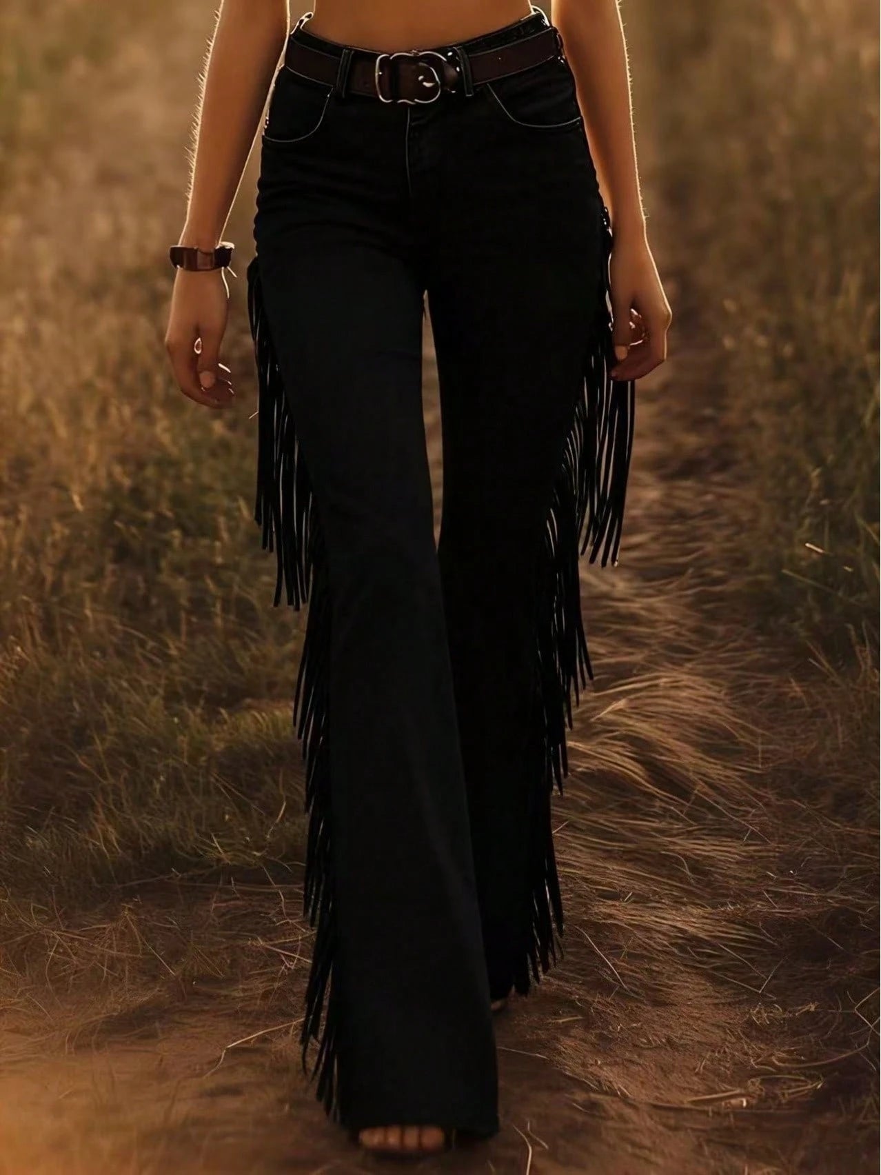 Pants For Women,Black High Waist Fringe Flare Jeans, Western Cowboy Side Tassel Bell Bottom Denim Pants