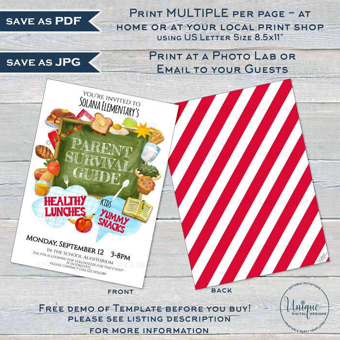 Parent Survival Guide Flyer, Healthy Lunch snacks Editable PTA Invitation Cafeteria Schedule Printable School Invitation pto meeting INSTANT