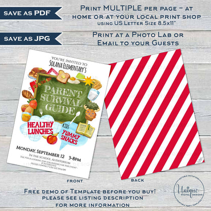 Parent Survival Guide Flyer, Healthy Lunch snacks Editable PTA Invitation Cafeteria Schedule Printable School Invitation pto meeting INSTANT