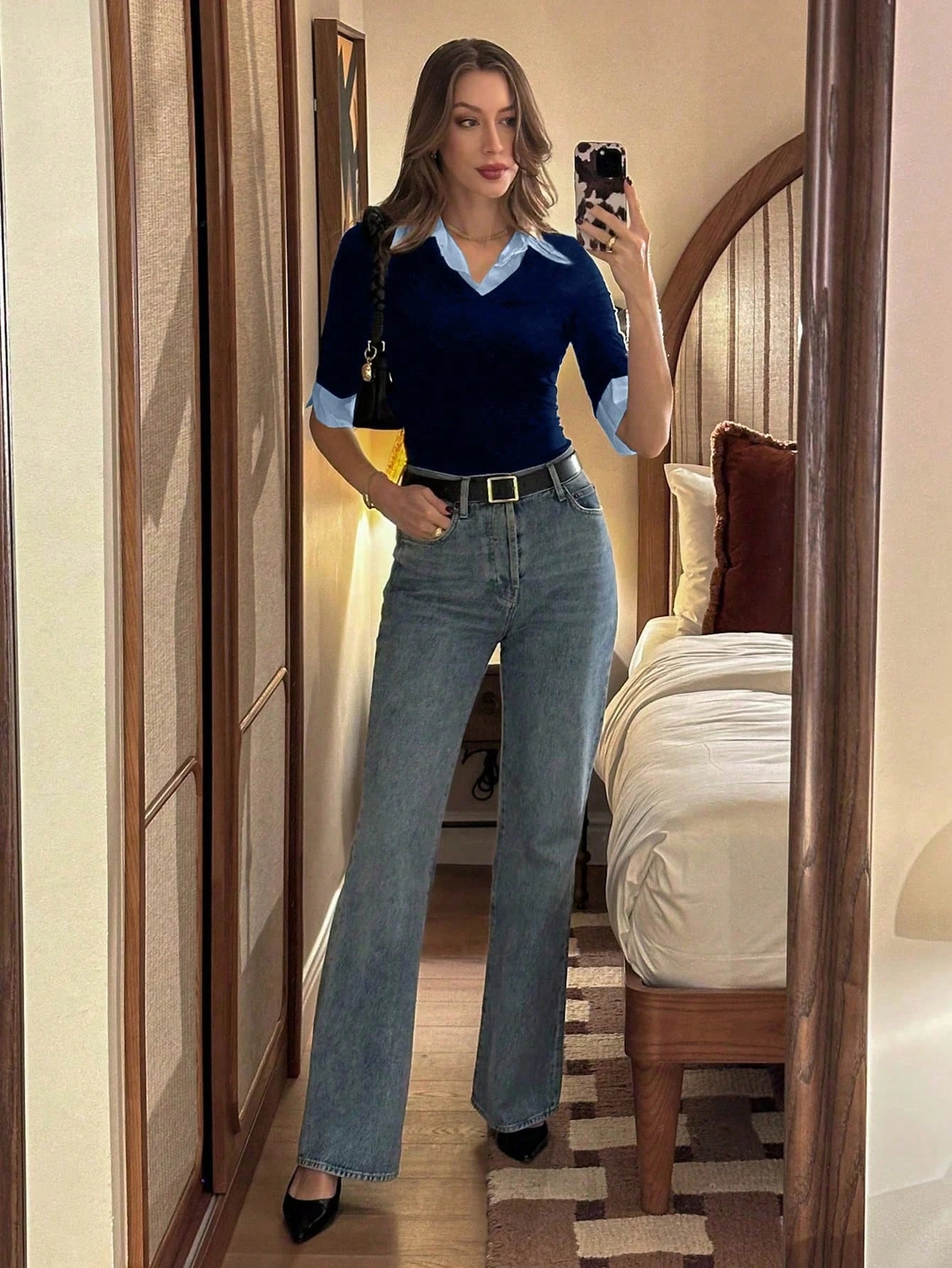 Pariaura Women's Collared Patchwork Short Sleeve T-Shirt, Slimming Pullover Top, Spring/Summer Blue