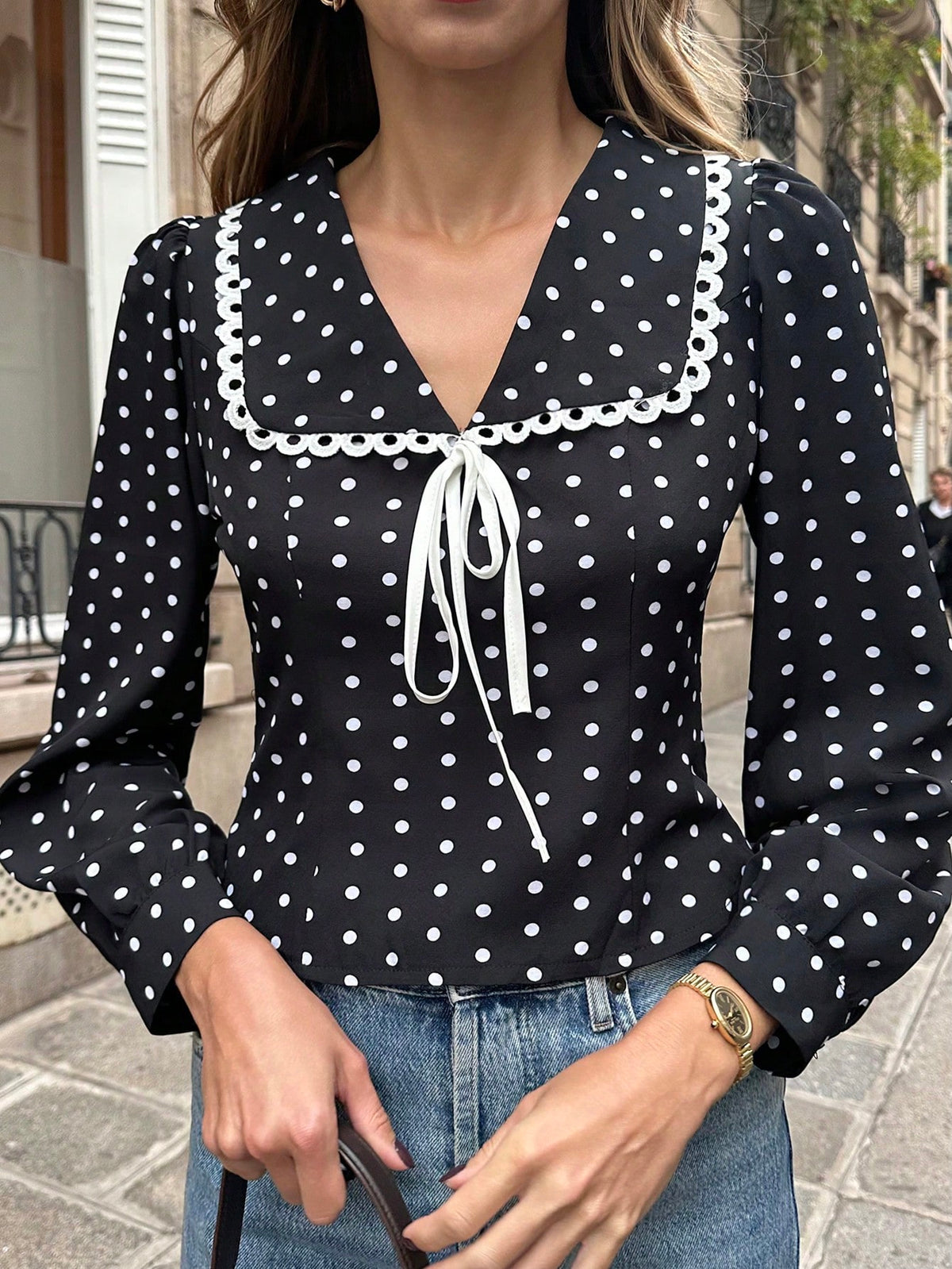 Pariaura Women's Elegant Design White Lace Patchwork V-Neck Tie Waist Polka Dot Casual French Style Short Black Blouse, Long Sleeve