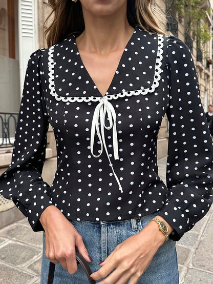 Pariaura Women's Elegant Design White Lace Patchwork V-Neck Tie Waist Polka Dot Casual French Style Short Black Blouse, Long Sleeve