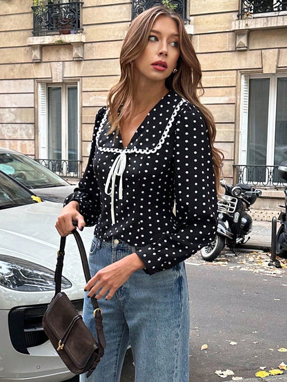 Pariaura Women's Elegant Design White Lace Patchwork V-Neck Tie Waist Polka Dot Casual French Style Short Black Blouse, Long Sleeve