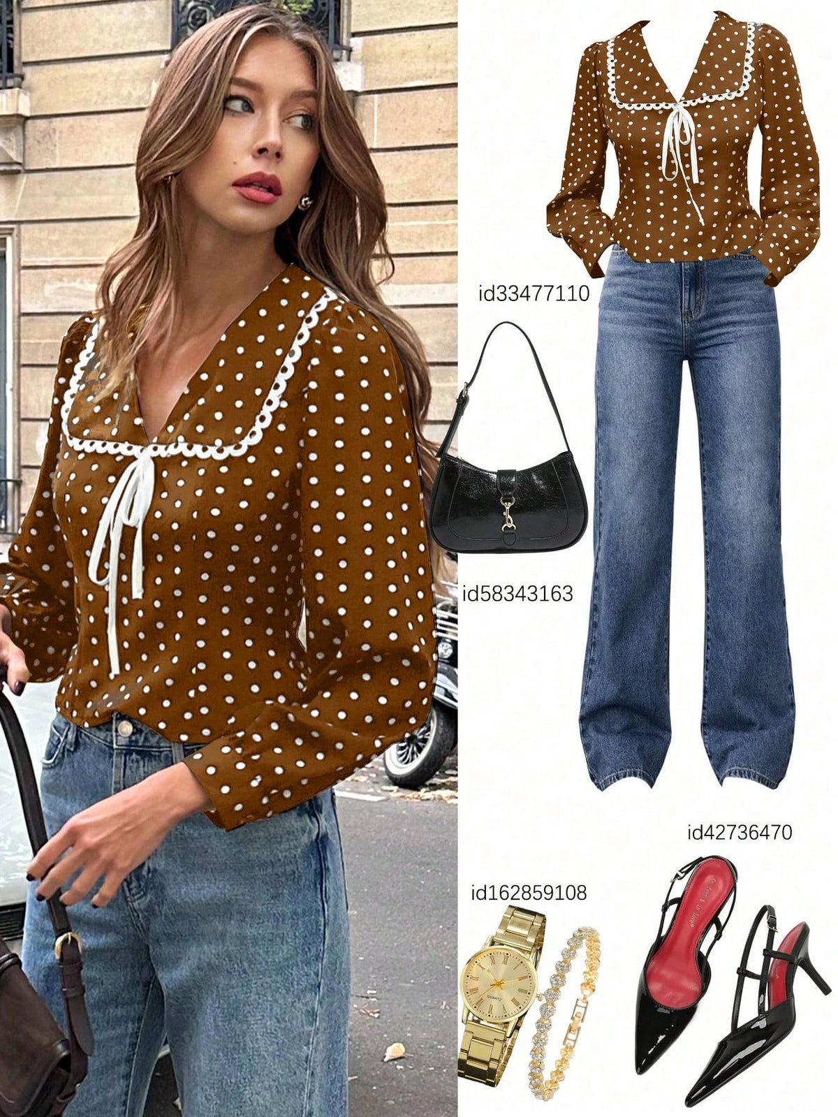 Pariaura Women's Elegant Design White Lace Patchwork V-Neck Tie Waist Polka Dot Casual French Style Short Black Blouse, Long Sleeve