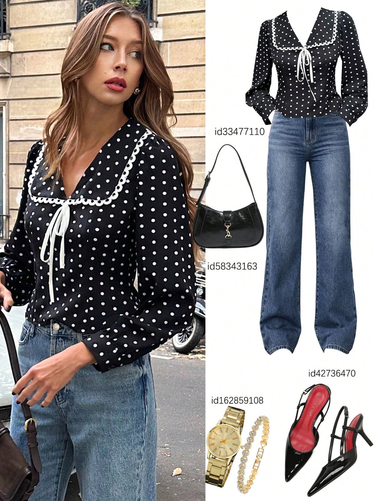 Pariaura Women's Elegant Design White Lace Patchwork V-Neck Tie Waist Polka Dot Casual French Style Short Black Blouse, Long Sleeve