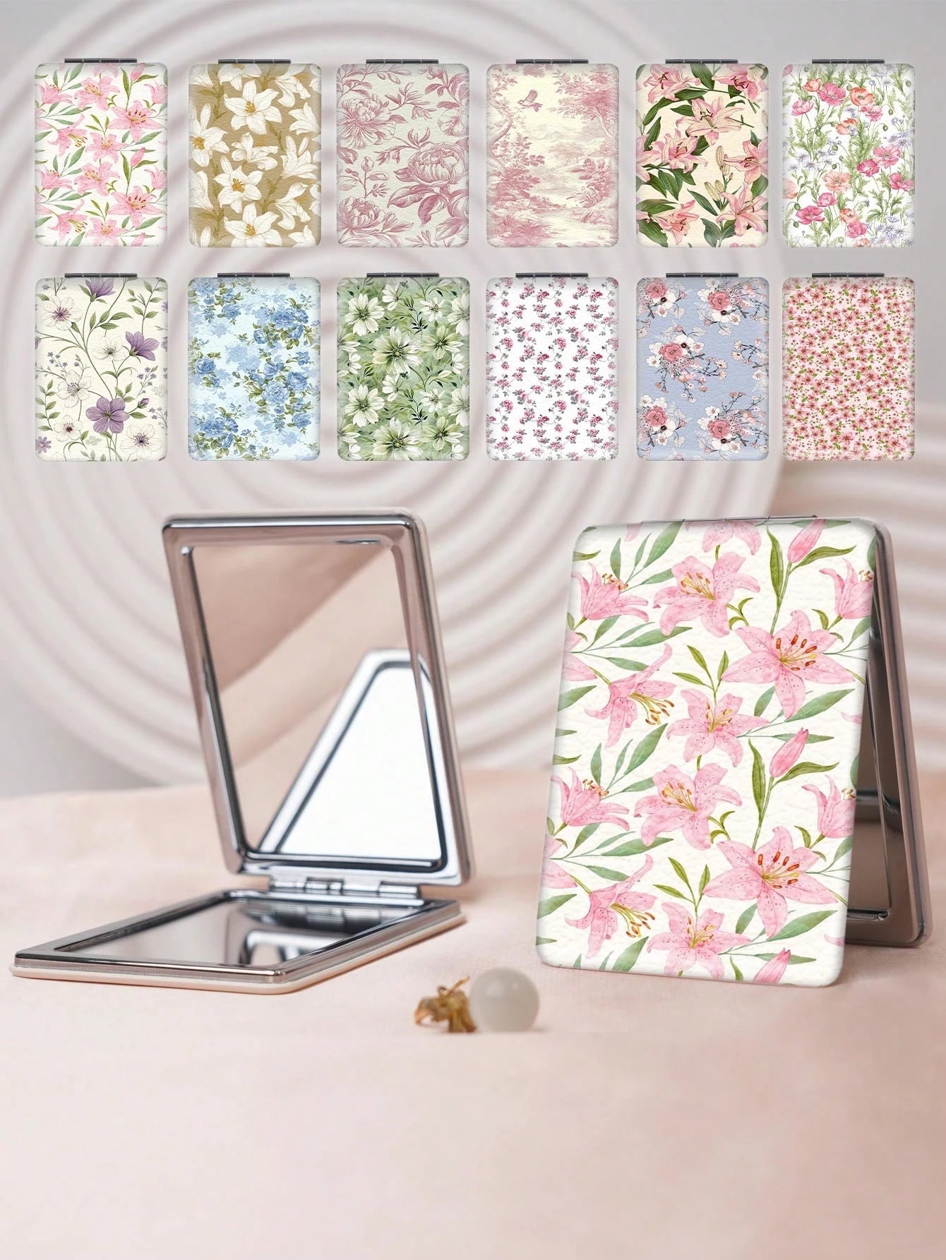 Pastoral Series Portable Vanity Mirror, Foldable Lightweight Ultra-Thin Convenient Hand Mirror, Durable PU Leather, Multi-Scenario All-Audience Foldable Square Pocket Mirror, Lily Rose And Monthly Flo