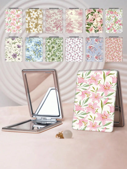 Pastoral Series Portable Vanity Mirror, Foldable Lightweight Ultra-Thin Convenient Hand Mirror, Durable PU Leather, Multi-Scenario All-Audience Foldable Square Pocket Mirror, Lily Rose And Monthly Flo