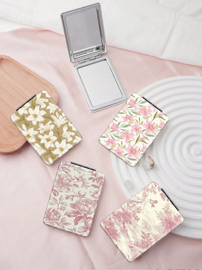 Pastoral Series Portable Vanity Mirror, Foldable Lightweight Ultra-Thin Convenient Hand Mirror, Durable PU Leather, Multi-Scenario All-Audience Foldable Square Pocket Mirror, Lily Rose And Monthly Flo