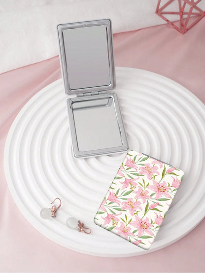 Pastoral Series Portable Vanity Mirror, Foldable Lightweight Ultra-Thin Convenient Hand Mirror, Durable PU Leather, Multi-Scenario All-Audience Foldable Square Pocket Mirror, Lily Rose And Monthly Flo