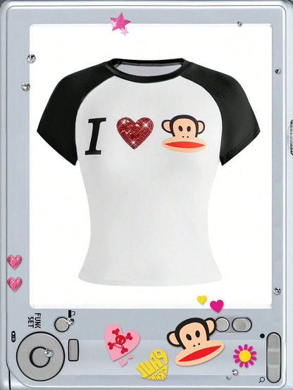 Paul Frank X ROMWE Subculture Girl Casual Co-Branded I Love Print Raglan Sleeve Fitted T-Shirt For Women