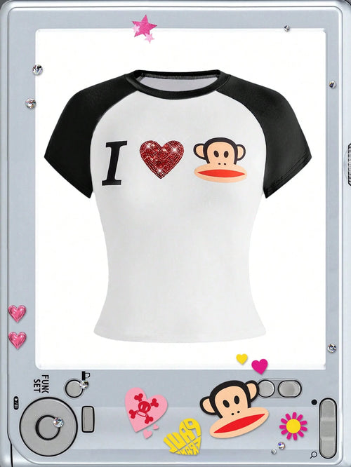Paul Frank X ROMWE Subculture Girl Casual Co-Branded I Love Print Raglan Sleeve Fitted T-Shirt For Women