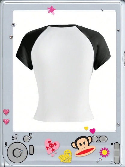 Paul Frank X ROMWE Subculture Girl Casual Co-Branded I Love Print Raglan Sleeve Fitted T-Shirt For Women
