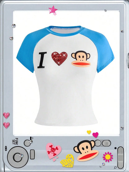 Paul Frank X ROMWE Subculture Girl Casual Co-Branded I Love Print Raglan Sleeve Fitted T-Shirt For Women