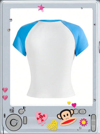 Paul Frank X ROMWE Subculture Girl Casual Co-Branded I Love Print Raglan Sleeve Fitted T-Shirt For Women
