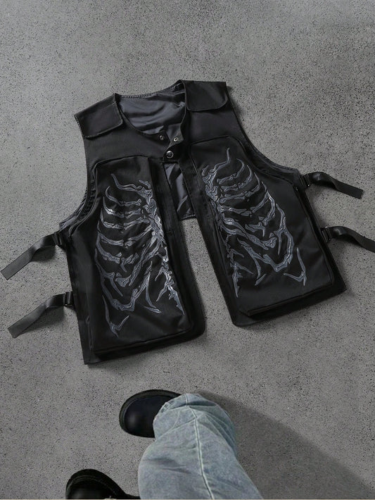 PAVTROS Manfinity Streetrush Men's Skeleton Print Pocket Casual Vest,Black Autumn Streetwear Festival Halloween Skull Pattern Loose Vest Jacket,Gift For Men