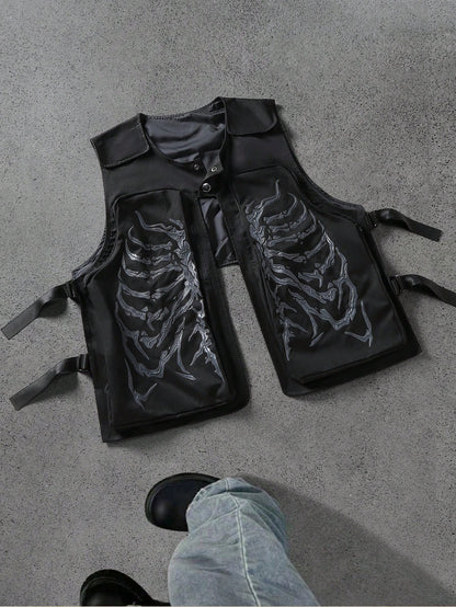 PAVTROS Manfinity Streetrush Men's Skeleton Print Pocket Casual Vest,Black Autumn Streetwear Festival Halloween Skull Pattern Loose Vest Jacket,Gift For Men