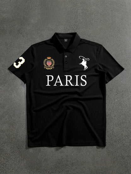 PAVTROS Men's Front-Button Short Sleeve Letter Print Casual Polo Shirt