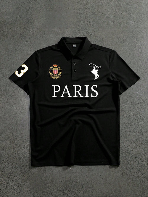 PAVTROS Men's Front-Button Short Sleeve Letter Print Casual Polo Shirt