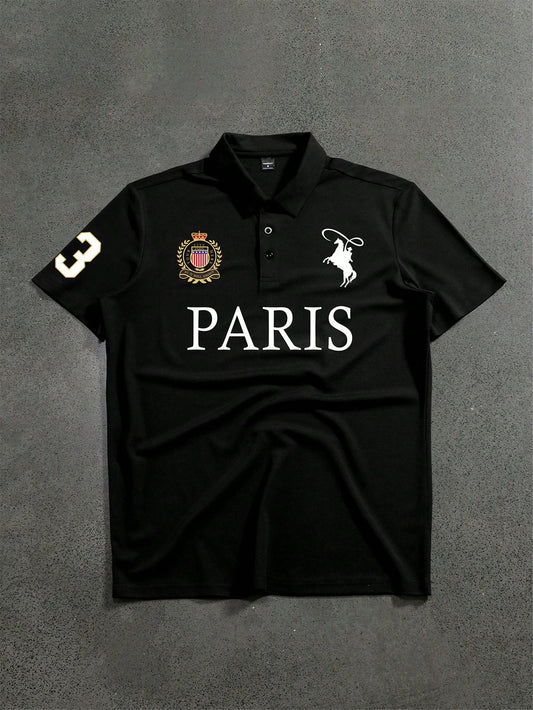 PAVTROS Men's Front-Button Short Sleeve Letter Print Casual Polo Shirt