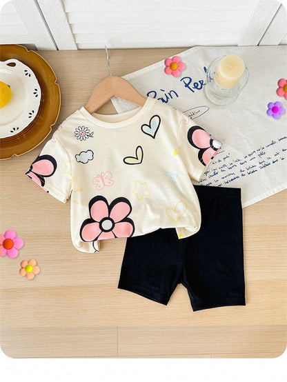PAW Patrol Baby Girl Round Neck Letter Cartoon Print Short Sleeve T-Shirt And Shorts Casual Daily Set