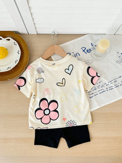 PAW Patrol Baby Girl Round Neck Letter Cartoon Print Short Sleeve T-Shirt And Shorts Casual Daily Set