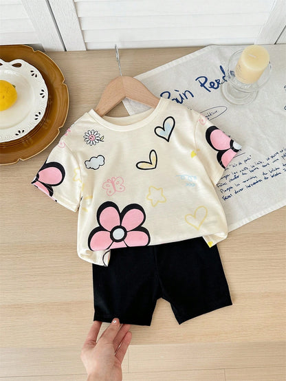 PAW Patrol Baby Girl Round Neck Letter Cartoon Print Short Sleeve T-Shirt And Shorts Casual Daily Set