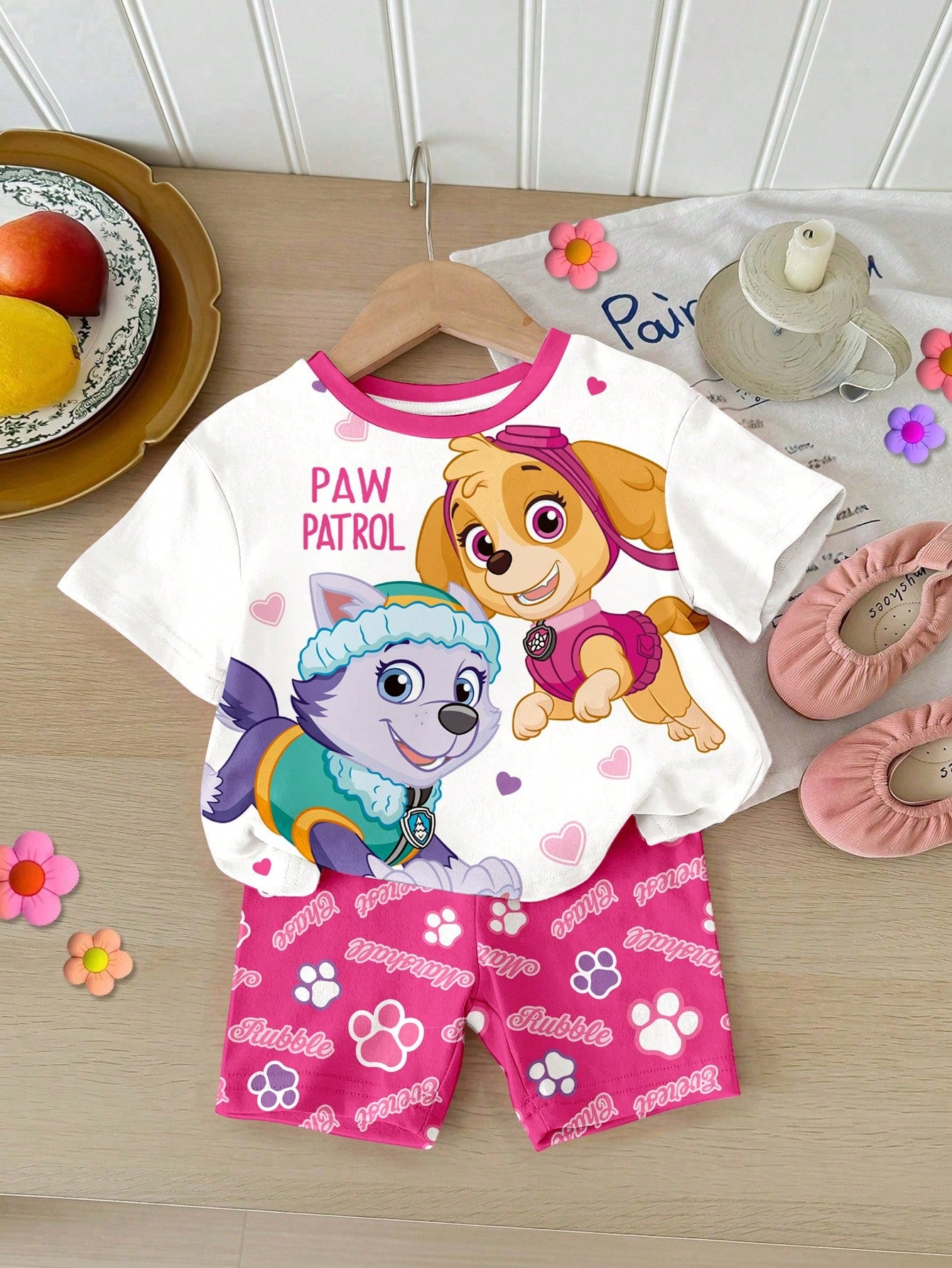 PAW Patrol Baby Girl Round Neck Letter Cartoon Print Short Sleeve T-Shirt And Shorts Casual Daily Set