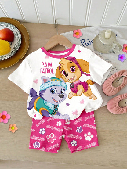 PAW Patrol Baby Girl Round Neck Letter Cartoon Print Short Sleeve T-Shirt And Shorts Casual Daily Set