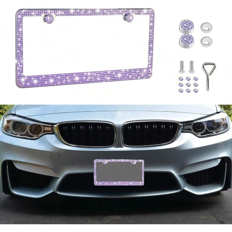 PBling Car License Plate Frame Sparkly Rhinestone Stainl Steel License Plate Cover Universal For Most Cars SUVs Vehicles With Screw Set Auto Accories For Women Purple 1PCS 8005