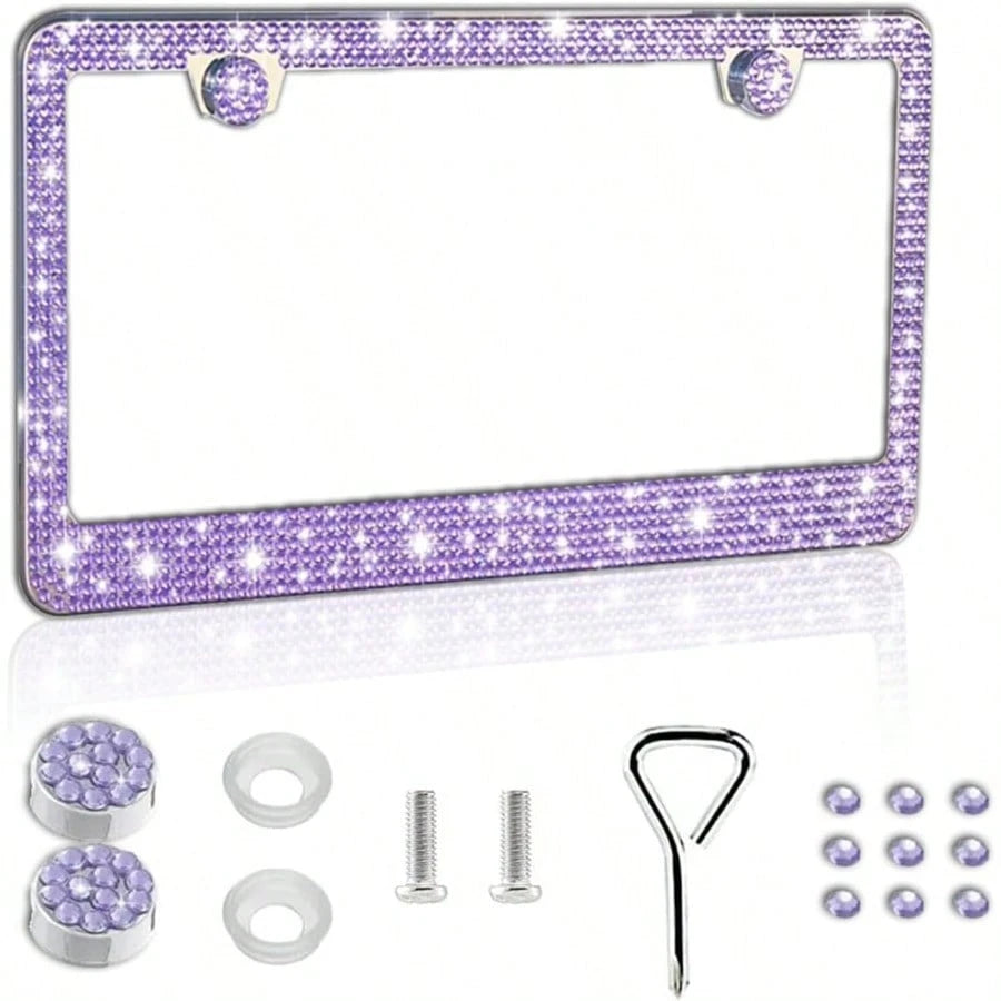 PBling Car License Plate Frame Sparkly Rhinestone Stainl Steel License Plate Cover Universal For Most Cars SUVs Vehicles With Screw Set Auto Accories For Women Purple 1PCS 8005