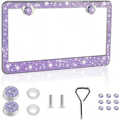 PBling Car License Plate Frame Sparkly Rhinestone Stainl Steel License Plate Cover Universal For Most Cars SUVs Vehicles With Screw Set Auto Accories For Women Purple 1PCS 8005