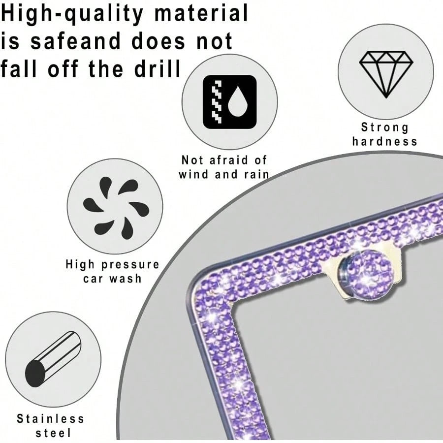PBling Car License Plate Frame Sparkly Rhinestone Stainl Steel License Plate Cover Universal For Most Cars SUVs Vehicles With Screw Set Auto Accories For Women Purple 1PCS 8005