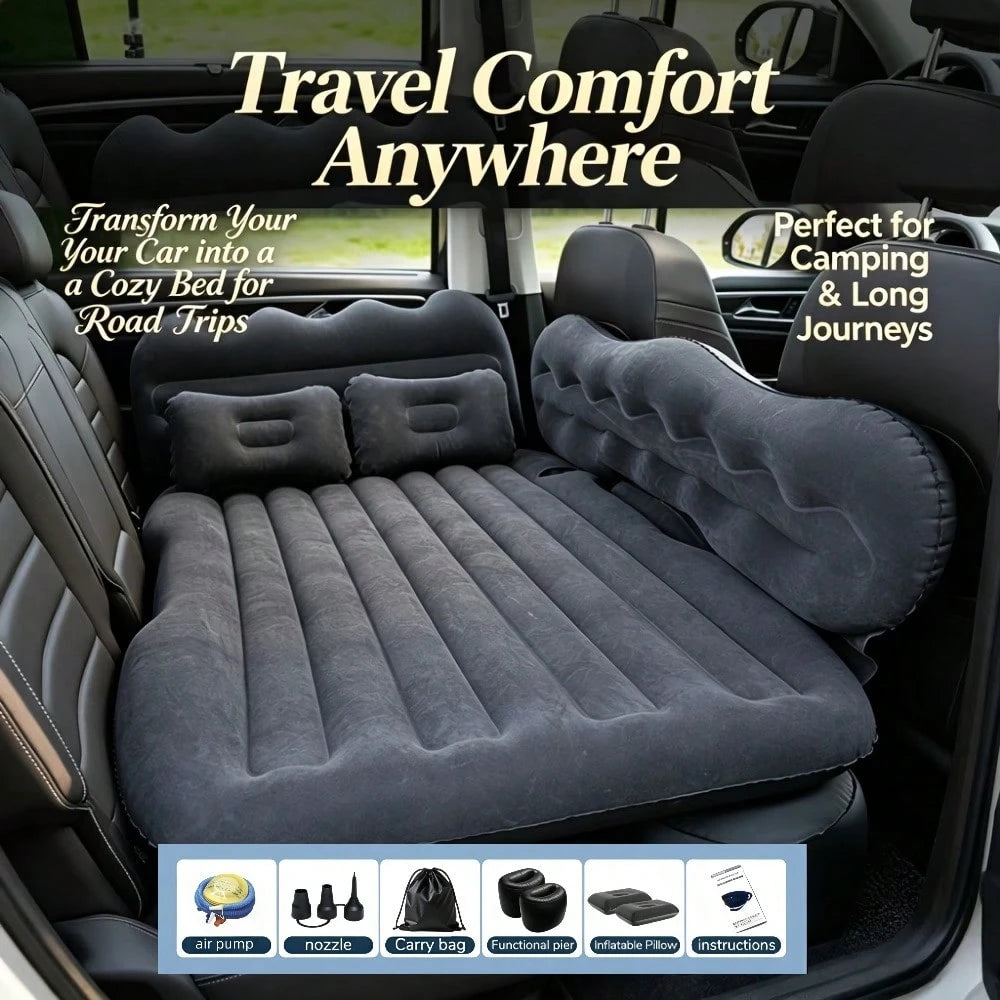 PDZZZD Thickened Flocked Car Inflatable Bed With Wave Peak Side Support, Universal Car Rear Seat Air Mattress Kit Including Air Pump, Stopper, Storage Bag & Pillows, Foldable Portable Sleeping Pad For