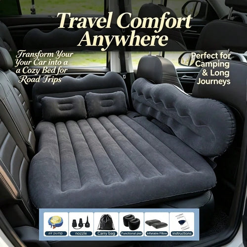 PDZZZD Thickened Flocked Car Inflatable Bed With Wave Peak Side Support, Universal Car Rear Seat Air Mattress Kit Including Air Pump, Stopper, Storage Bag & Pillows, Foldable Portable Sleeping Pad For