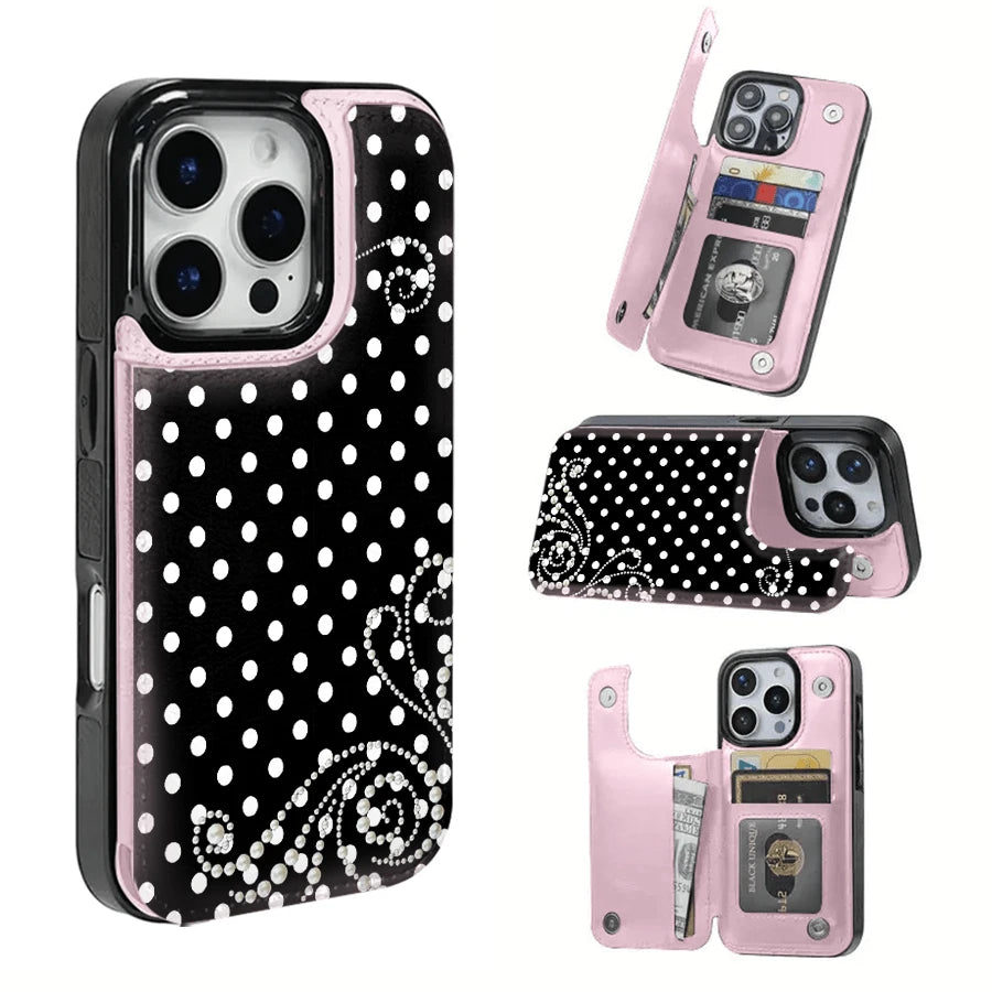 Pearl Pattern With White Polka Dots Textured Leather Card Holder Phone Case-Compatible With The 17 Pro Max/Air/16/15/14/13/12/11 Series, As Well As The S22/S23/S24/25 Series. An Ideal Gift Choice Fo