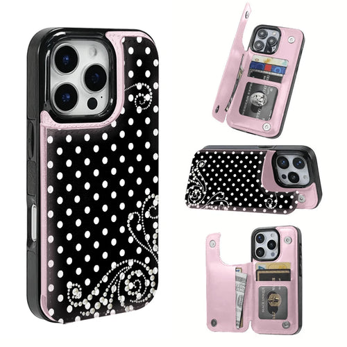Pearl Pattern With White Polka Dots Textured Leather Card Holder Phone Case-Compatible With The 17 Pro Max/Air/16/15/14/13/12/11 Series, As Well As The S22/S23/S24/25 Series. An Ideal Gift Choice Fo