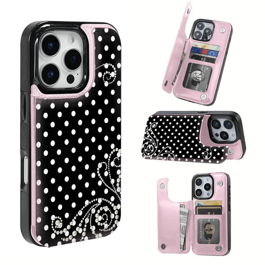 Pearl Pattern With White Polka Dots Textured Leather Card Holder Phone Case-Compatible With The 17 Pro Max/Air/16/15/14/13/12/11 Series, As Well As The S22/S23/S24/25 Series. An Ideal Gift Choice Fo