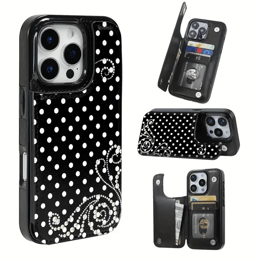 Pearl Pattern With White Polka Dots Textured Leather Card Holder Phone Case-Compatible With The 17 Pro Max/Air/16/15/14/13/12/11 Series, As Well As The S22/S23/S24/25 Series. An Ideal Gift Choice Fo