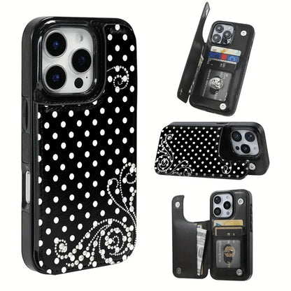 Pearl Pattern With White Polka Dots Textured Leather Card Holder Phone Case-Compatible With The 17 Pro Max/Air/16/15/14/13/12/11 Series, As Well As The S22/S23/S24/25 Series. An Ideal Gift Choice Fo