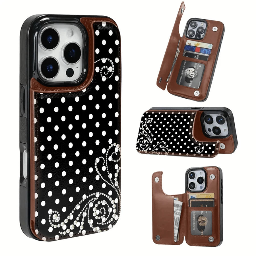 Pearl Pattern With White Polka Dots Textured Leather Card Holder Phone Case-Compatible With The 17 Pro Max/Air/16/15/14/13/12/11 Series, As Well As The S22/S23/S24/25 Series. An Ideal Gift Choice Fo